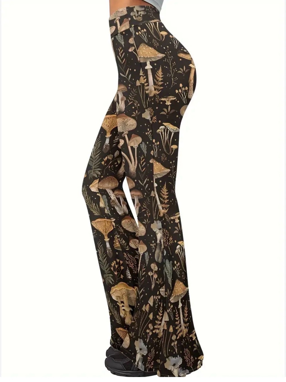 ROMWE Black Flared Pants with Brown Mushroom Print - Picture 2 of 9